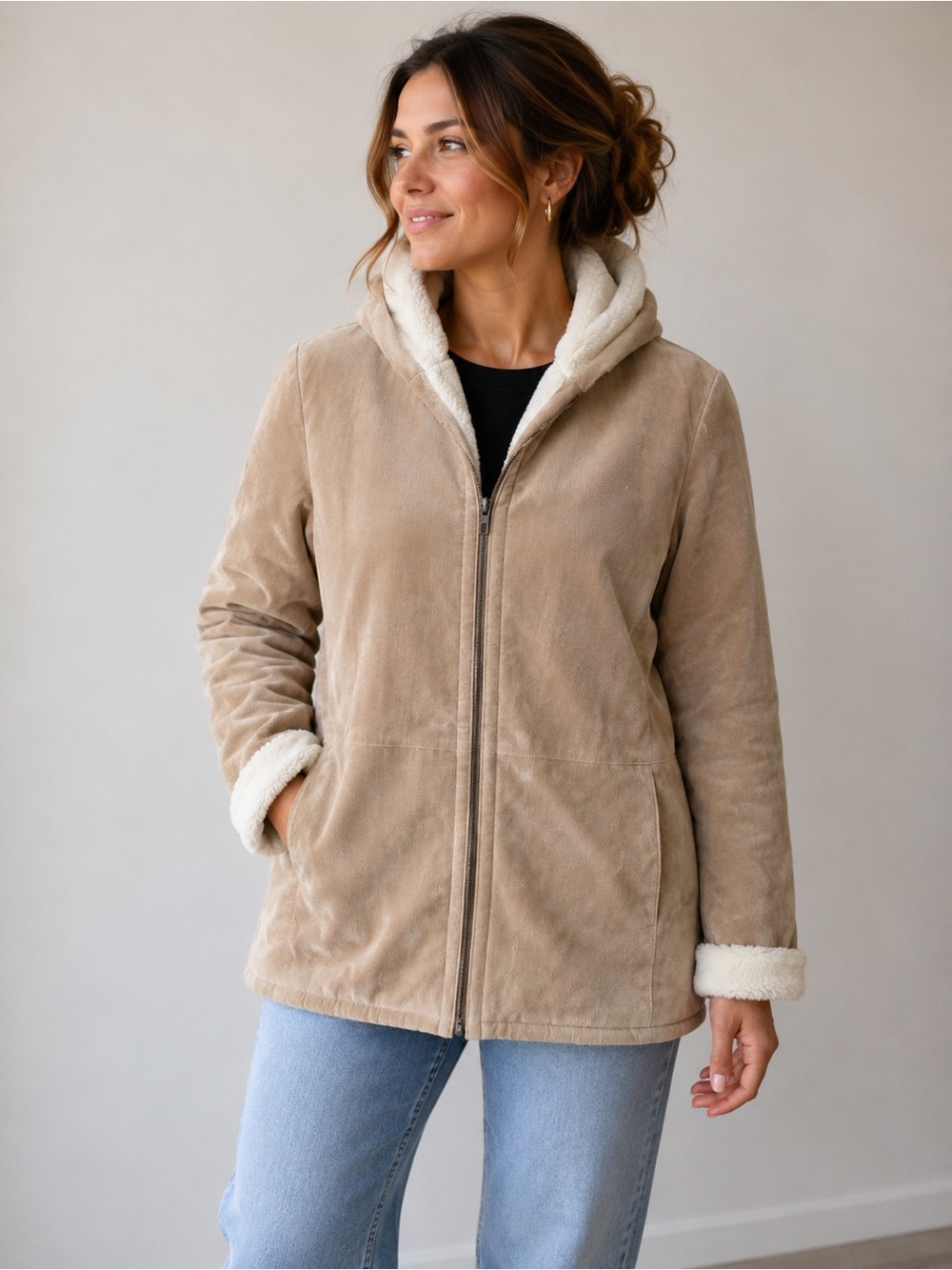 Women’s Tan Sherpa Lined Hooded Jacket Size Medium